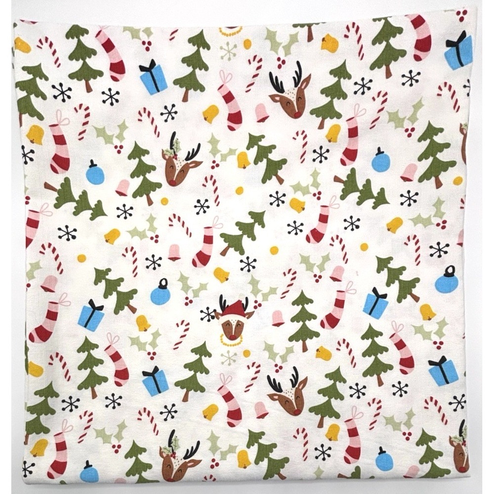 Christmas Holiday Theme Shower Curtain Tree Reindeer Holly Candy Cane Gift Bell